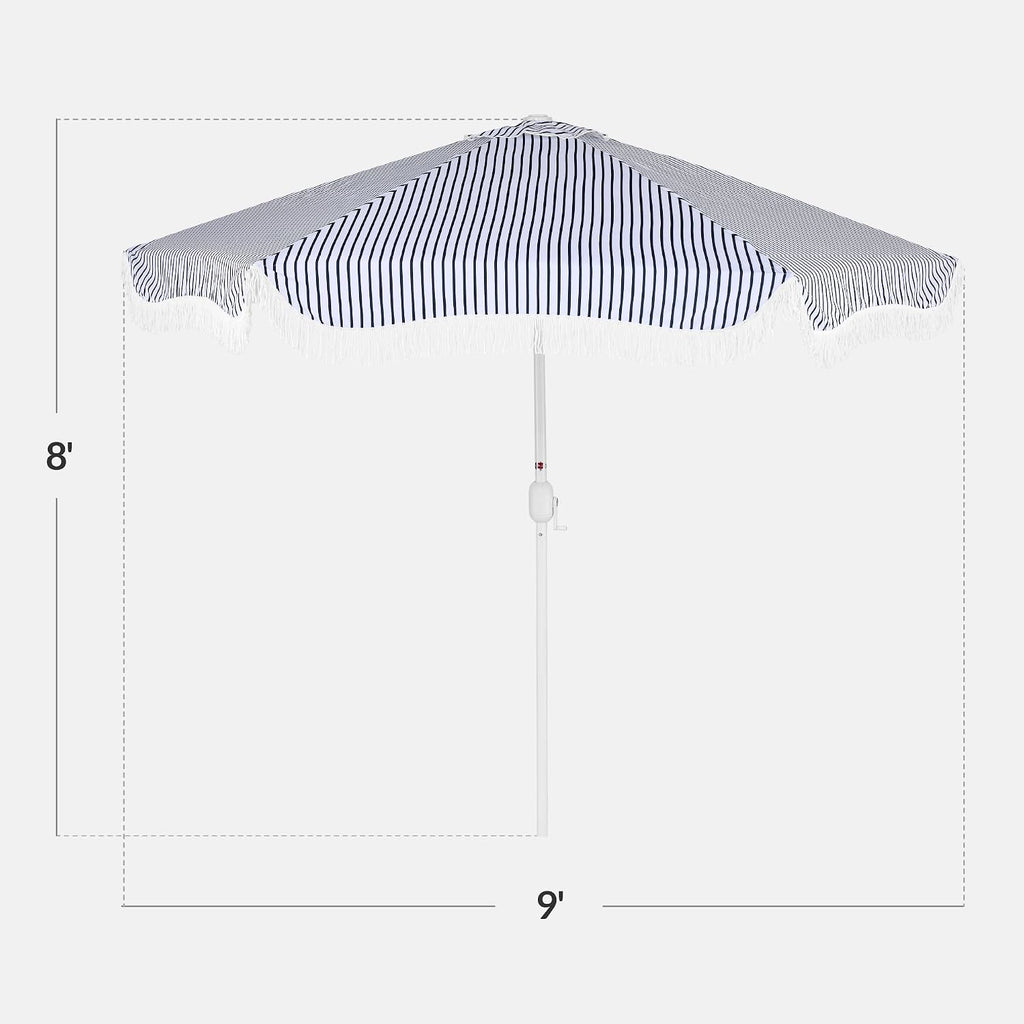 9ft Fringe Market Patio Umbrella - Outdoor Boho Tassel Sunshade for Table, Pool, Deck, Backyard - Navy Pinstripe