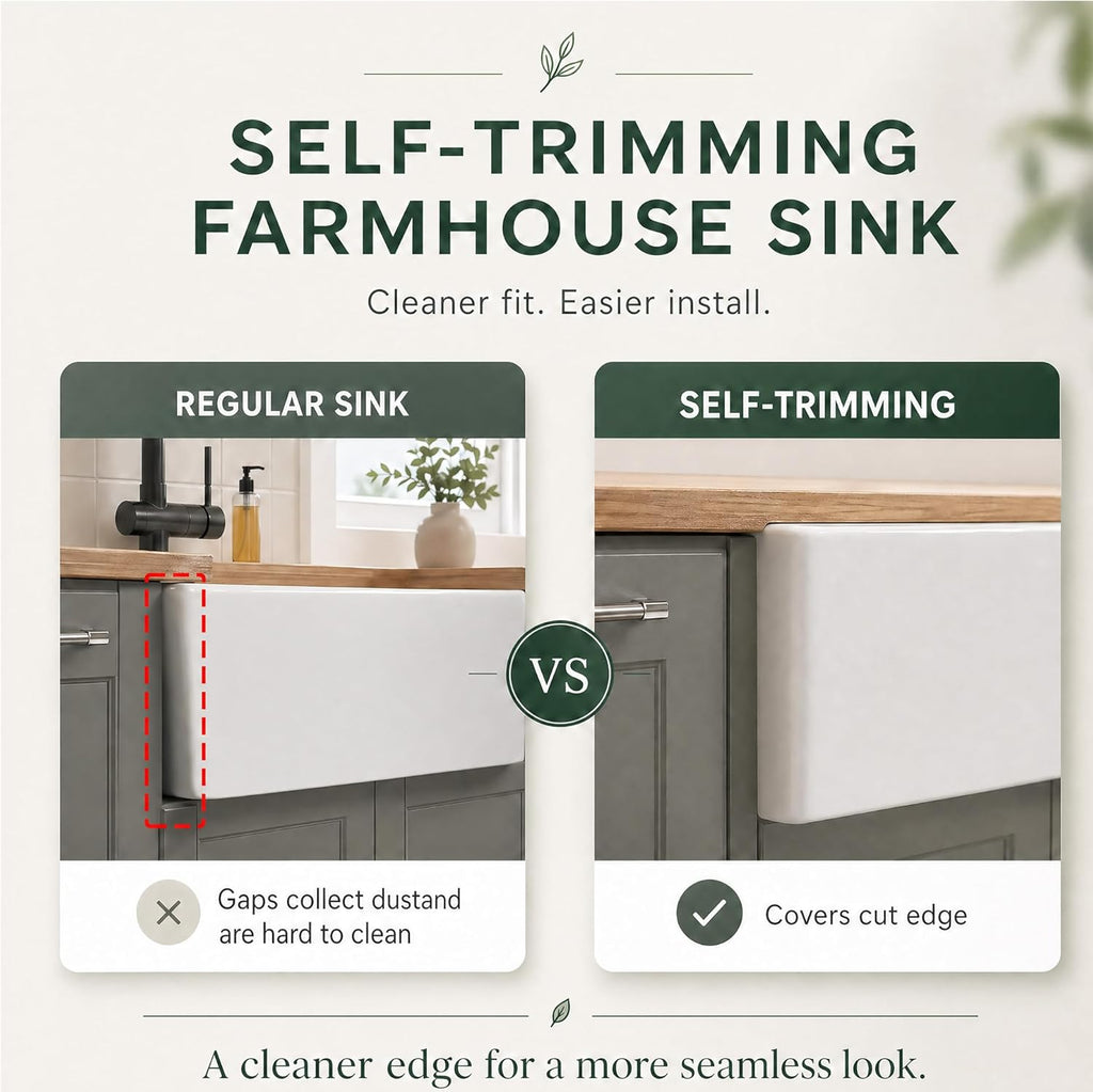 Self Trimming Farmhouse Sink 33 Inch, White Fireclay Kitchen Sink