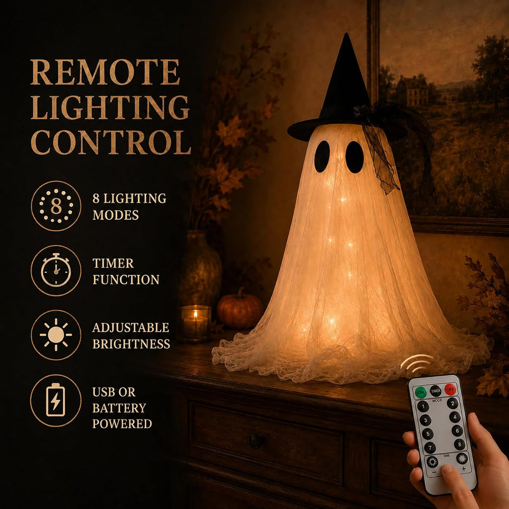 2-Pack Halloween Ghost Decor Set, USB Powered w/Remote Lights - Set of 2