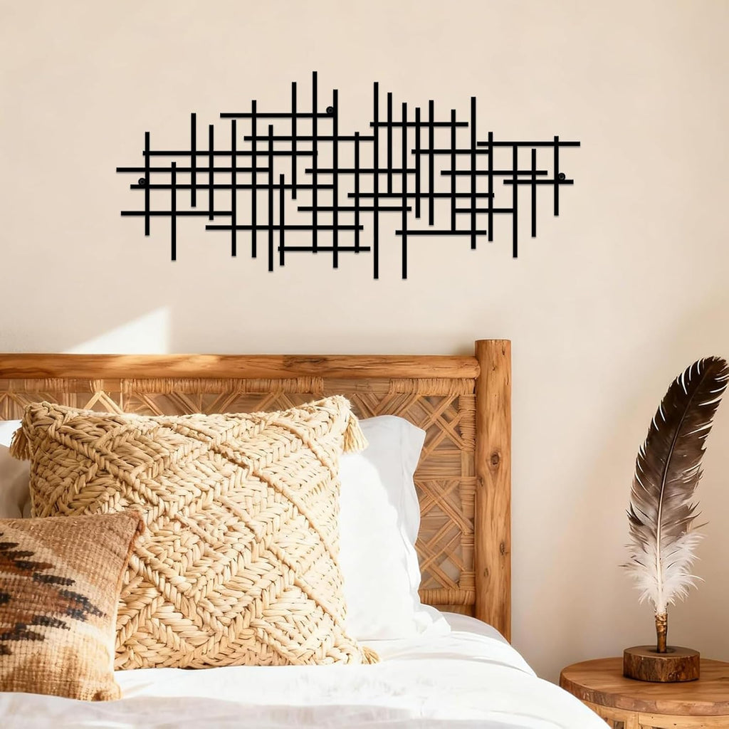 Abstract Geometric Line Metal Wall Decor, Minimalist Black Abstract Line Wall Art Sculpture, 19.6in×8.7in Modern - Set of 2