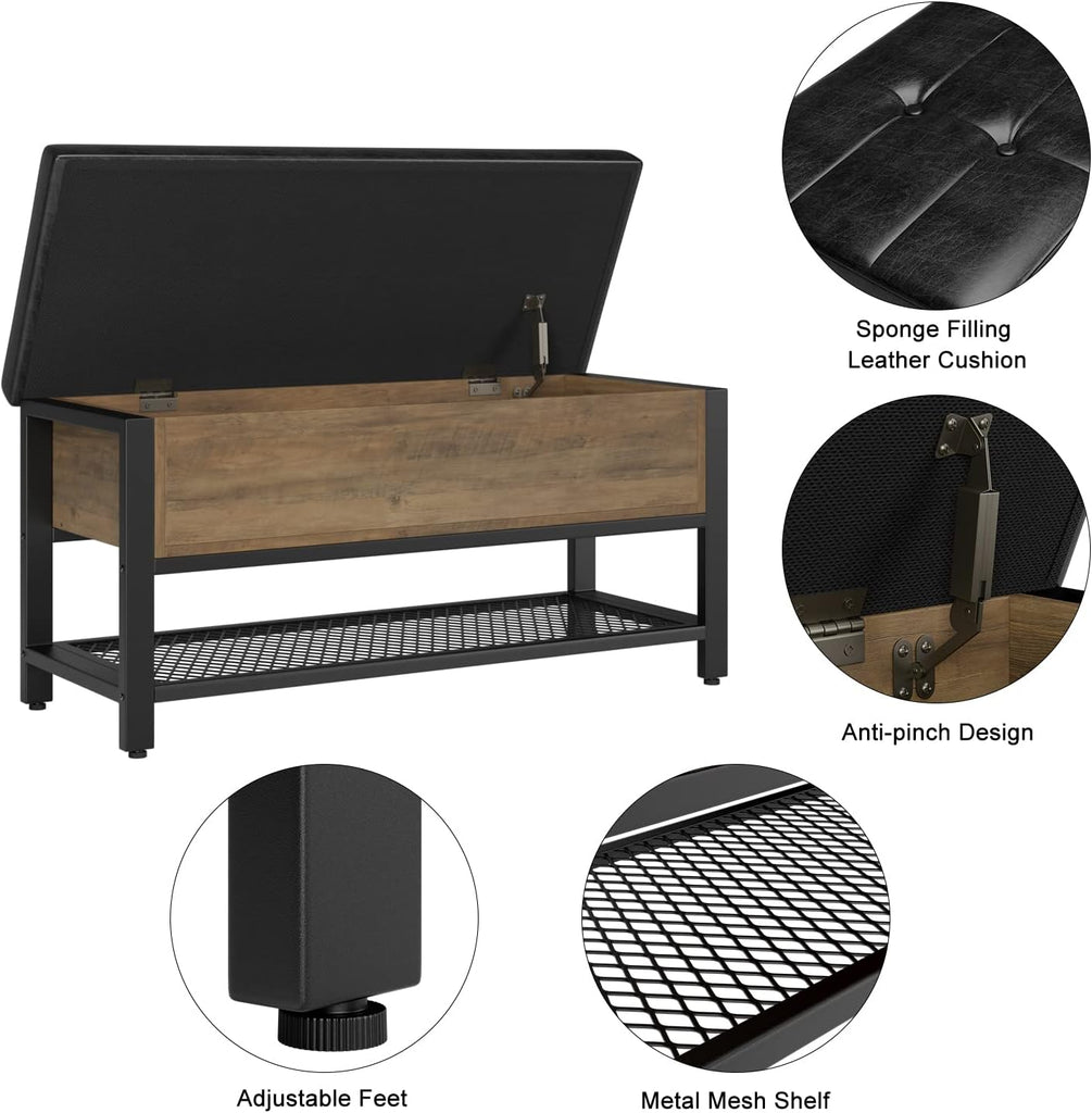40" W Storage Bench, Entryway Shoe Bench with Cushion, Rustic Brown | Wood Metal Bench with Flip-Open Hidden Storage