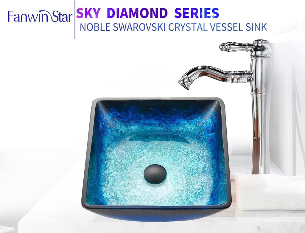 Blue Lotous Square Tempered Deco Glass Vessel Bathroom Sink in Lustrous Blue | Top Mount Sinks Above Countertop |