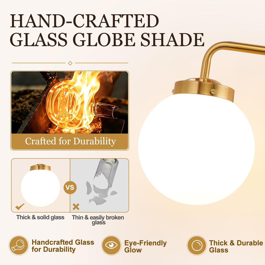 Modern Brushed Gold Vanity Lights , Mid Century 3 Light Bathroom Vanity Light with Globe Milky White Glass Shade Over