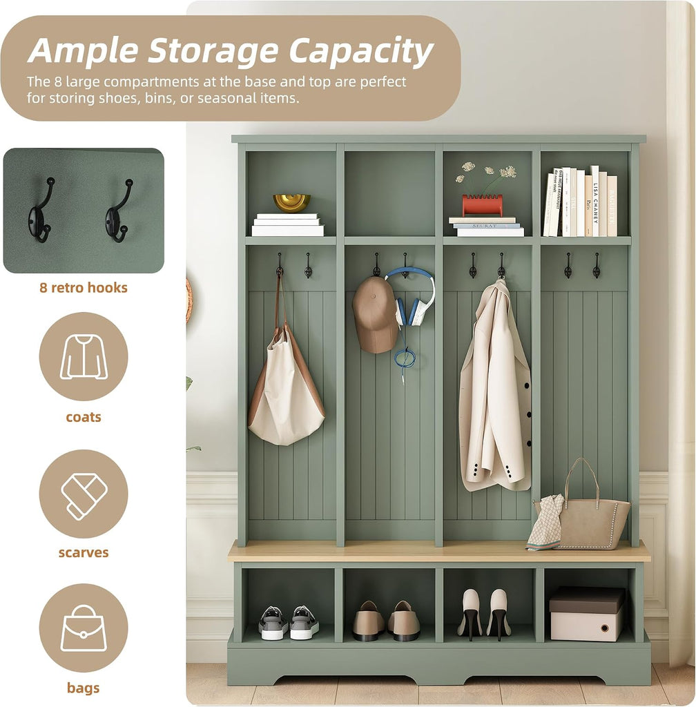 Farmhouse Hall Tree with Bench and Shoe Storage, 59" Entryway Bench with Coat Rack, 3-in-1 Hall Tree with Top