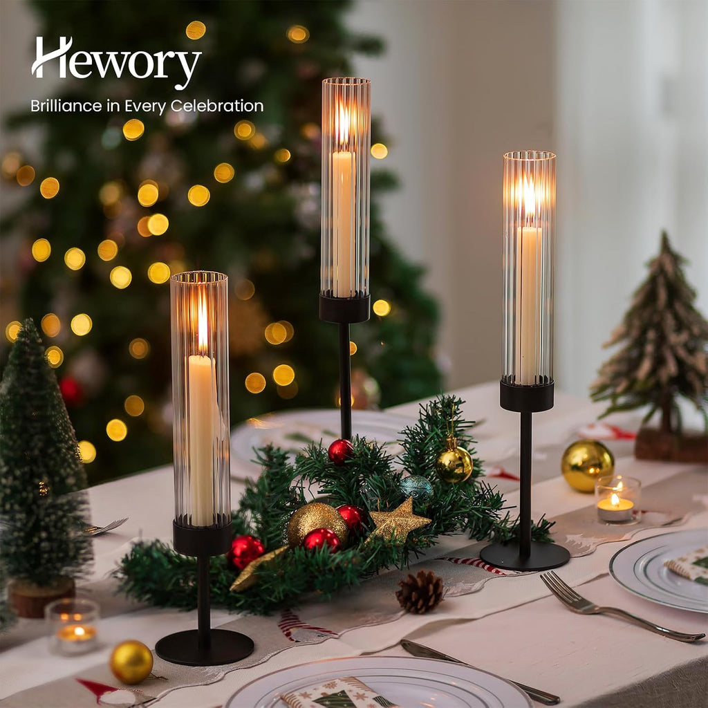 Black Taper Candle Holders: Candlestick Holders Set of 3 Hurricane Glass Tall Candle Holder for Candlesticks Candle