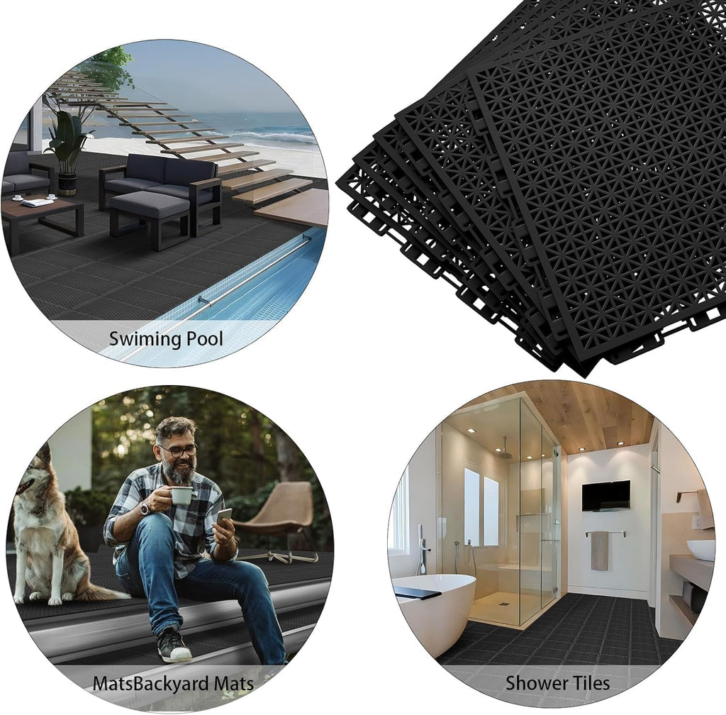 16 PCS Modular Interlocking Cushion Interlocking Floor Tiles with Hole Drainage Mat 10" x 10" Non Slip Pool Deck Mat
