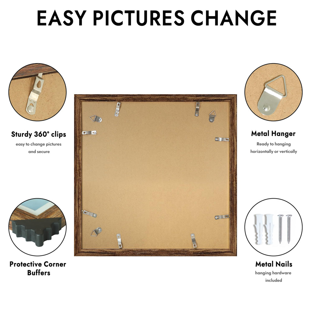 16x16 Frame, 16 x 16 Rustic Brown Wood Style (12x12 Mat, 1 Pack)