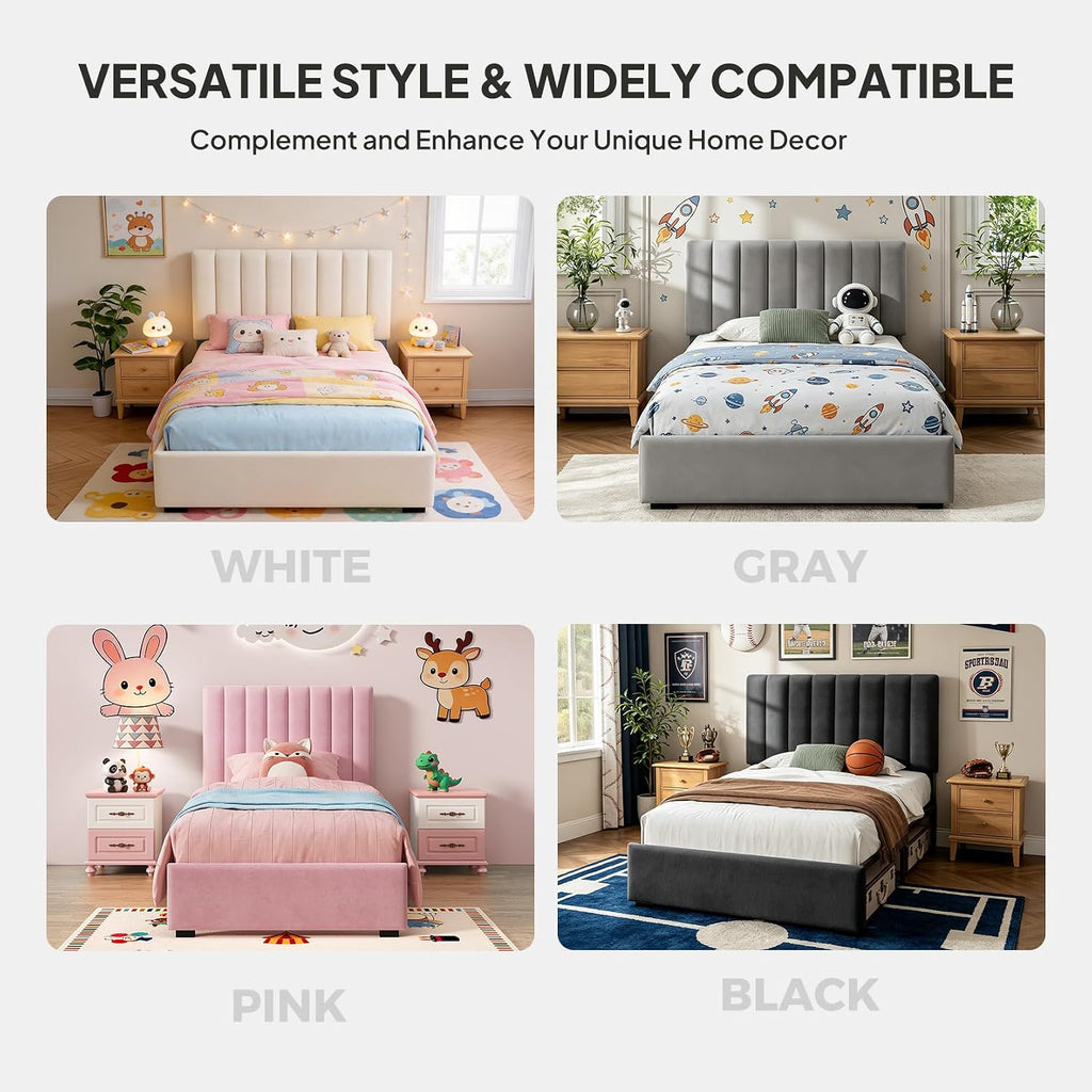 Twin Velvet Upholstered Bed Frame with Headboard for Kids, Black | Soft Velvet, Metal Platform Storage Bed, Vertical