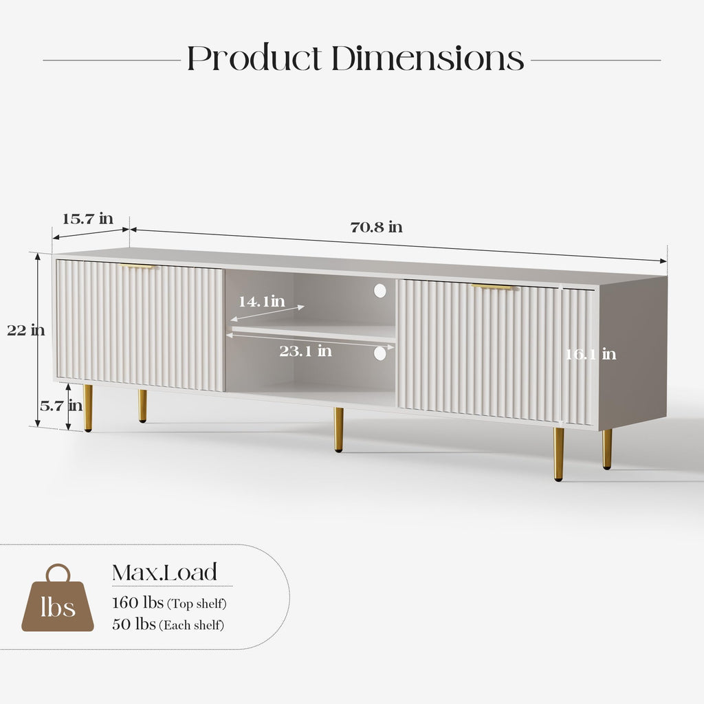 70" White Fluted TV Stand with Sliding Doors & Storage