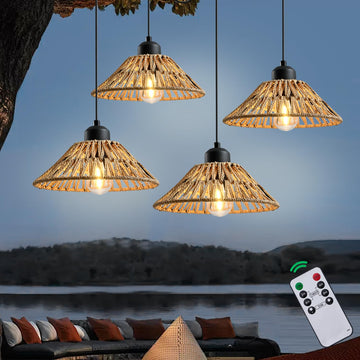 Battery Operated Hanging Outdoor Chandelier, Gazebo Lights Outdoor Pendant Light with Remote Control, 4*AA Battery