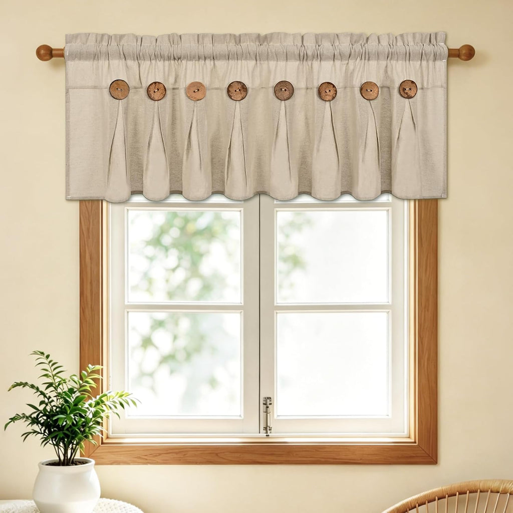 Farmhouse Valance Curtain, Cotton Linen Kitchen Curtains, Rustic Valances for Window Rod Pocket Button Valance for