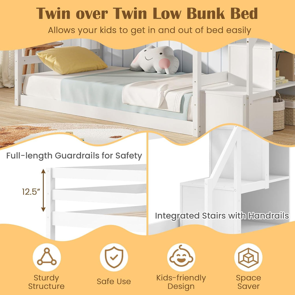 Twin Over Twin Bunk Bed with Stairs, Solid Wood Floor Bunk Bed with Storage Staircase & Full-Length Guardrails