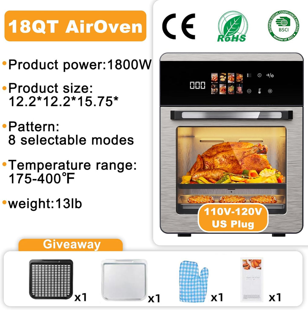 18QT Large Air Fryer Oven with Touch Screen Display, 10-in-1 Air Fry, Roast, Bake, Broil, Dry, Frozen, Proof Combo