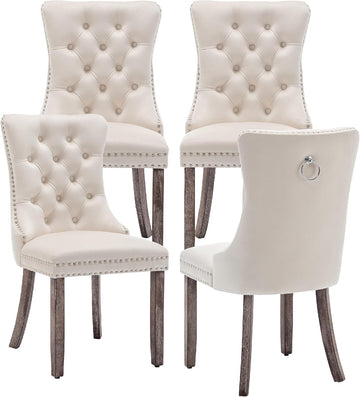 Velvet Dining Chairs Set of 4, Upholstered Dining Room Chairs with Ring Pull Trim and Button Back