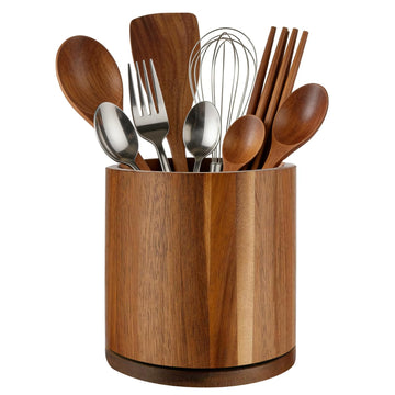 Acacia Wood Utensil Holder 360°Rotating Anti-Tip Design Counter,Cooking Utensil Crock for Countertop, Large Utensil