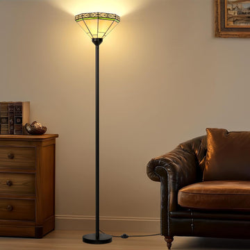 Floor Lamp with Stained Glass Shade, Vintage Style Torchiere Standing Lamp, Tall Pole Lamp with Foot