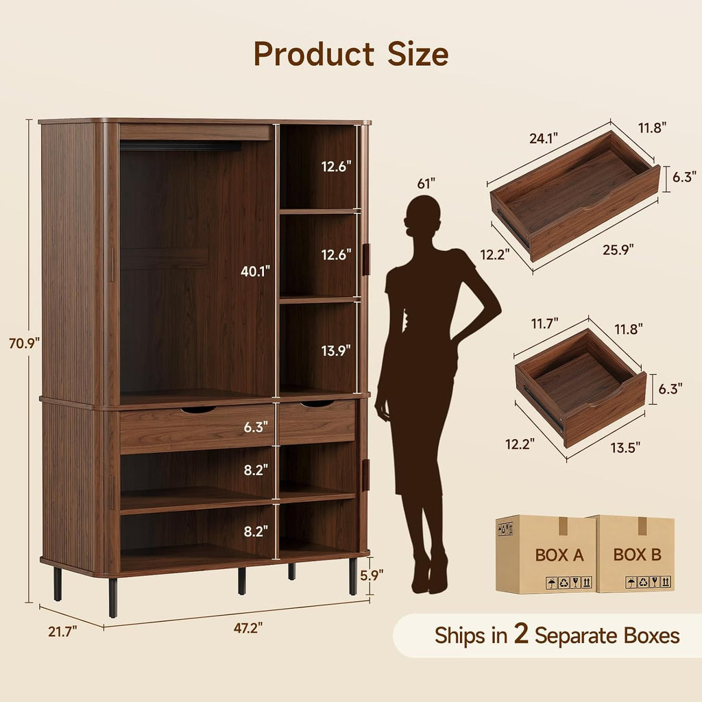 Armoire Wardrobe Closet with Sliding Doors, 71" Bedroom Armoires, Walnut | with 2 Drawers, with Hanging Rod and