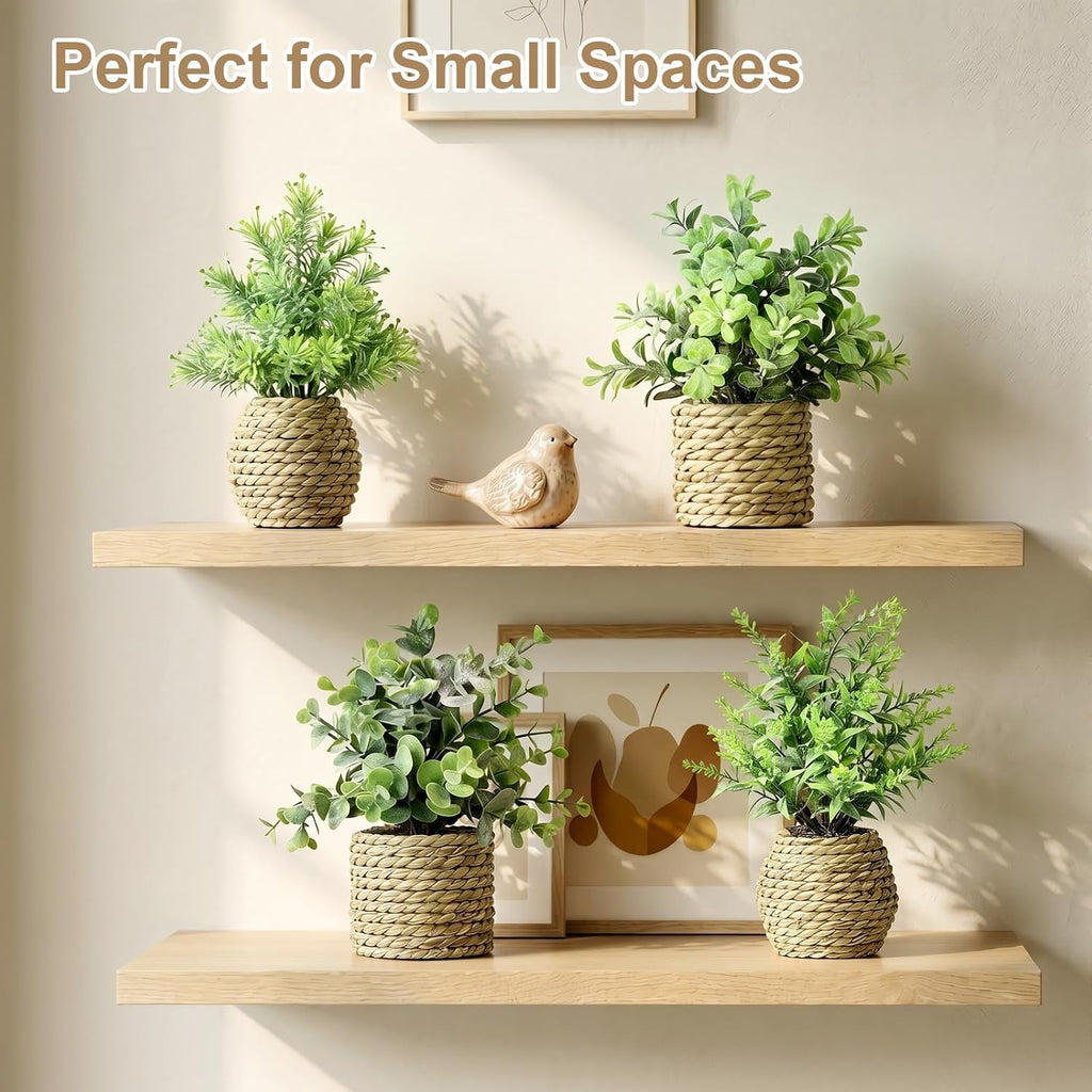 Small Fake Plants, 4 Pack Artificial Plants in Handwoven Seagrass Baskets | Natural Woven Texture, 4 Unique Plant