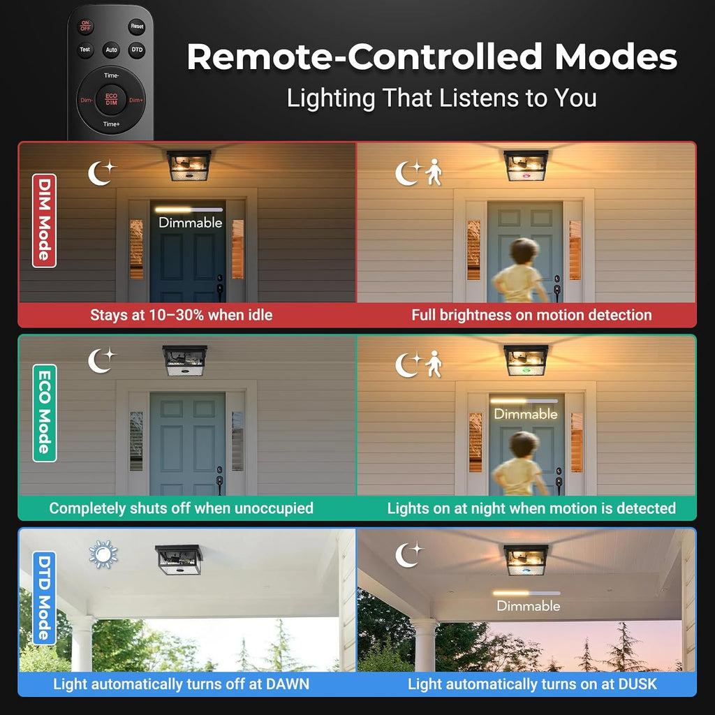 Black Motion Sensor Outdoor Ceiling Light with Remote Control, Flush Mount Ceiling Lighting for Porch, Garage