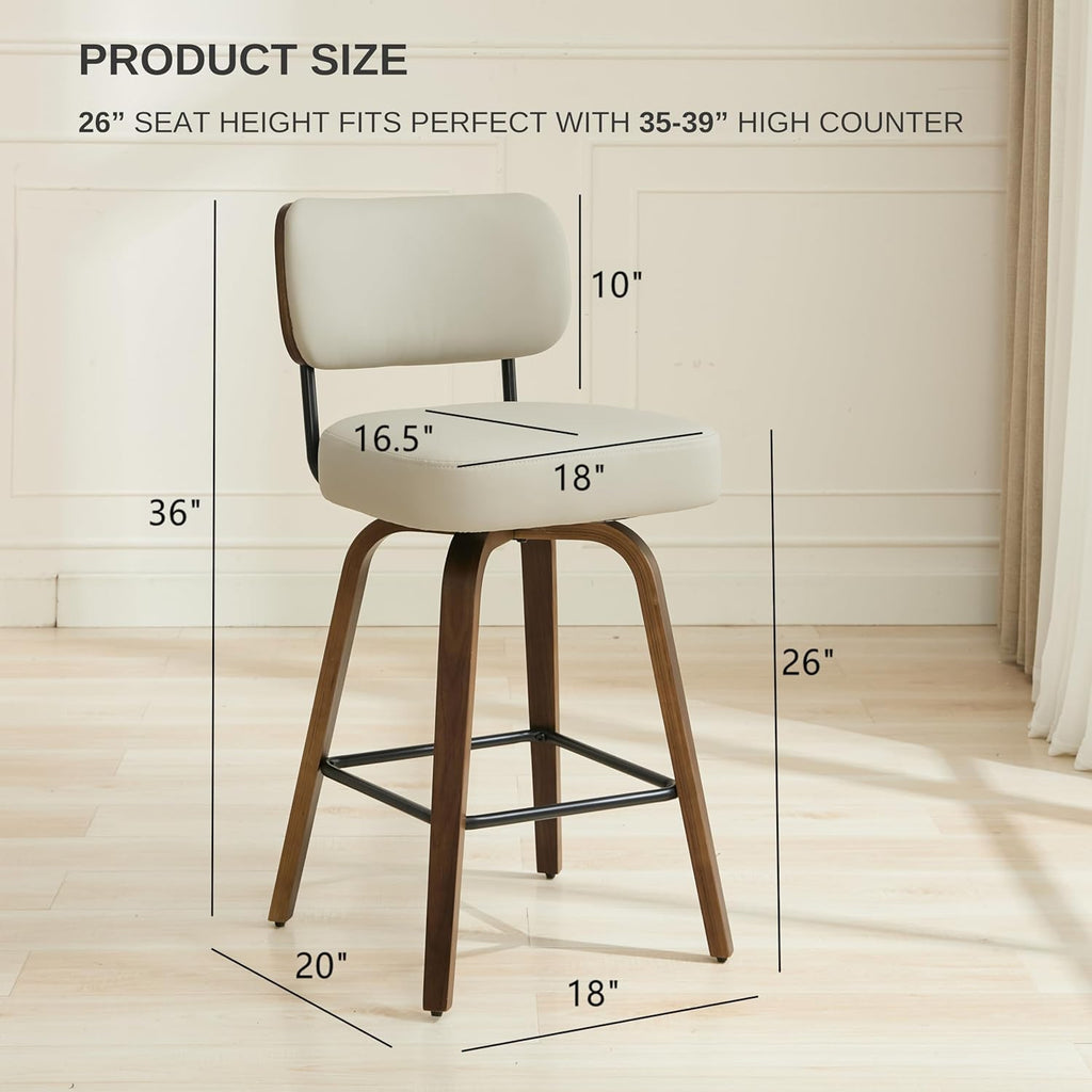 Swivel Bar Stools Set of 3, 26" Upholstered Counter Height Bar Stools with Back and Walnut Wood Legs, Faux Leather