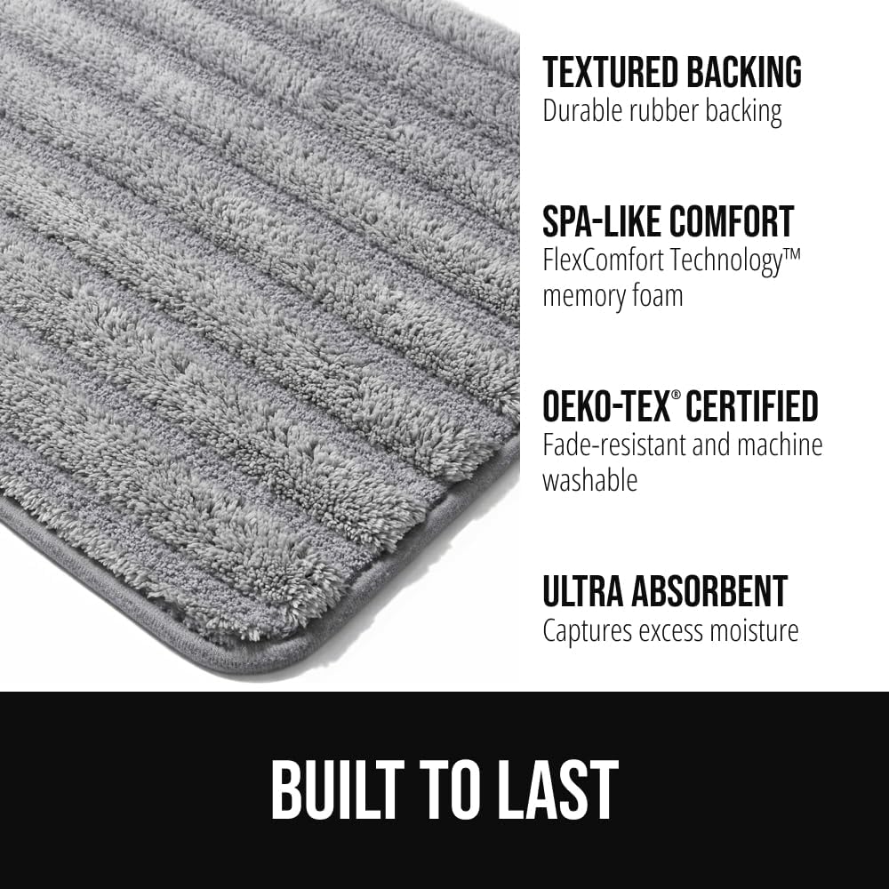 Memory Foam Bathroom Rugs, Soft Absorbent Textured Rubber Backing Striped Bath Mat, Set of 2 Machine Washable Quick