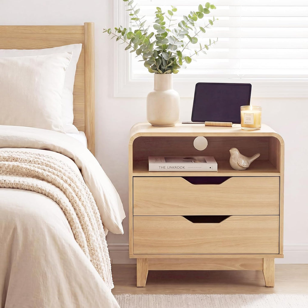 Nightstand with Charging Station, Modern Night Stand with LED Light, 23.6" Wide Wood Bed Side Table Bedroom, Large