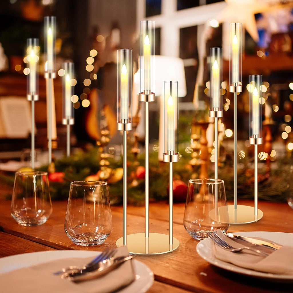 6 Sets 3 Arm Metal Candelabra Centerpiecese Holder Centerpieces with 18 LED Candles and Shade for Ceremony Birthday