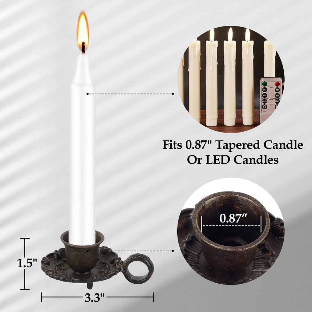 Vintage Small Brown Taper Candle Holders Set of 2, Handle Design | Old Fashioned Rustic Metal Candlestick Stand for