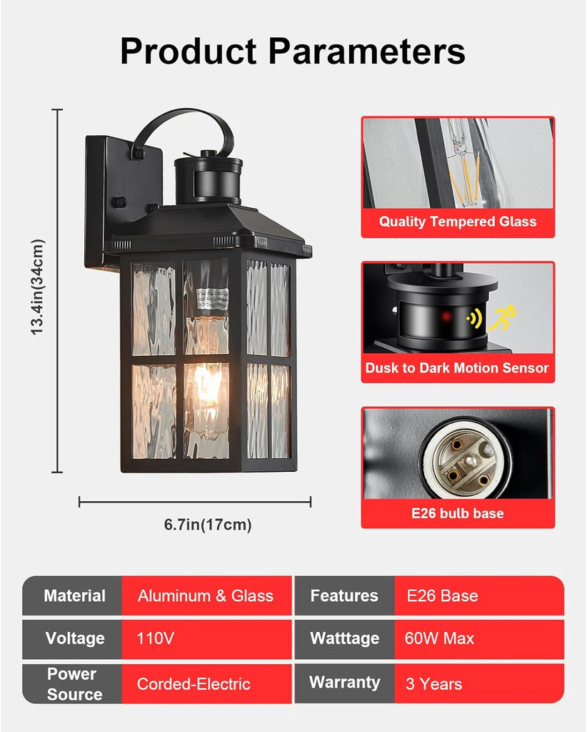 Motion Sensor Outdoor Lights Dusk to Dawn Porch Light Black Exterior Lighting Fixtures Modern Outside Wall Mount Coach