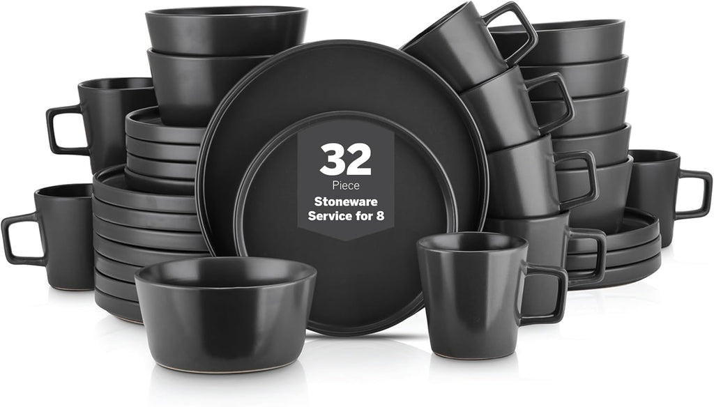 Celina Stoneware 32 Piece Modern Dinnerware Set, Plates and Bowls, Black Matte, Service for 8
