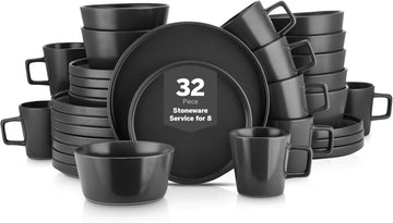 Celina Stoneware 32 Piece Modern Dinnerware Set, Plates and Bowls, Black Matte, Service for 8