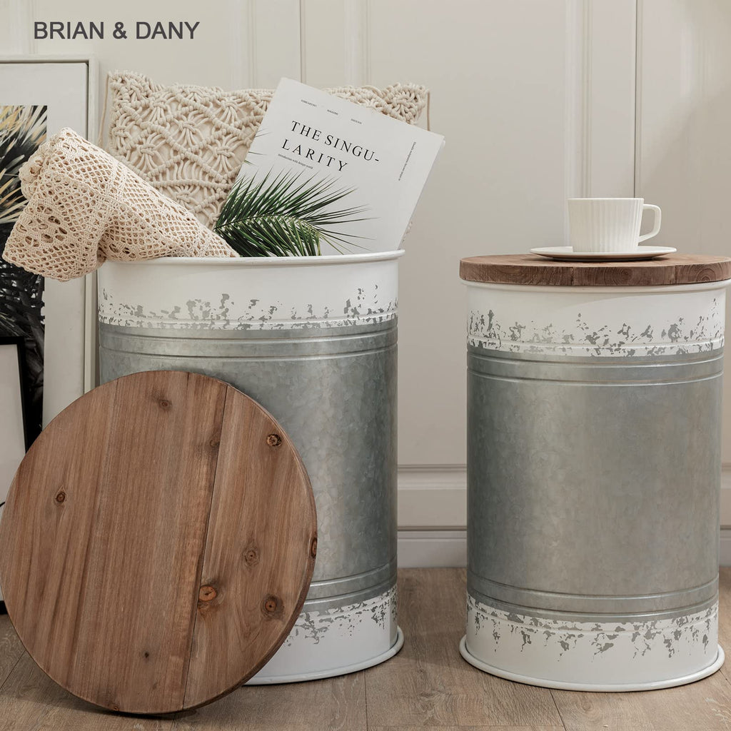 2 Pack Farmhouse Accent Side Table, Rustic Storage Ottoman Seat Stool with Round Wood Lid, Galvanized Metal Storage