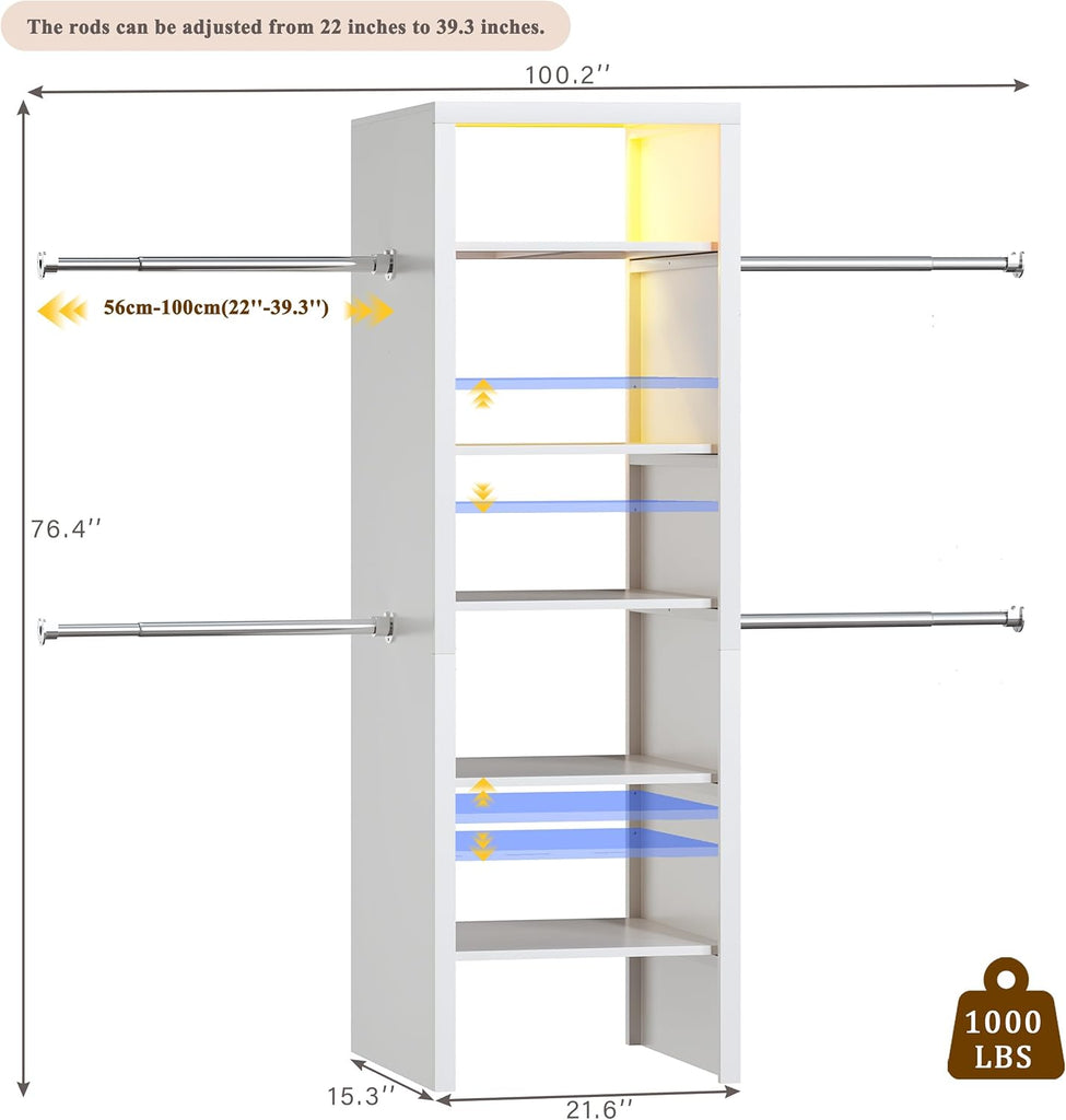 100'' Closet System with 4 Hanging Rods & LED Lights, 2-8 FT Wood Closet Organizer Systems with 5 Shelves, 6 Height