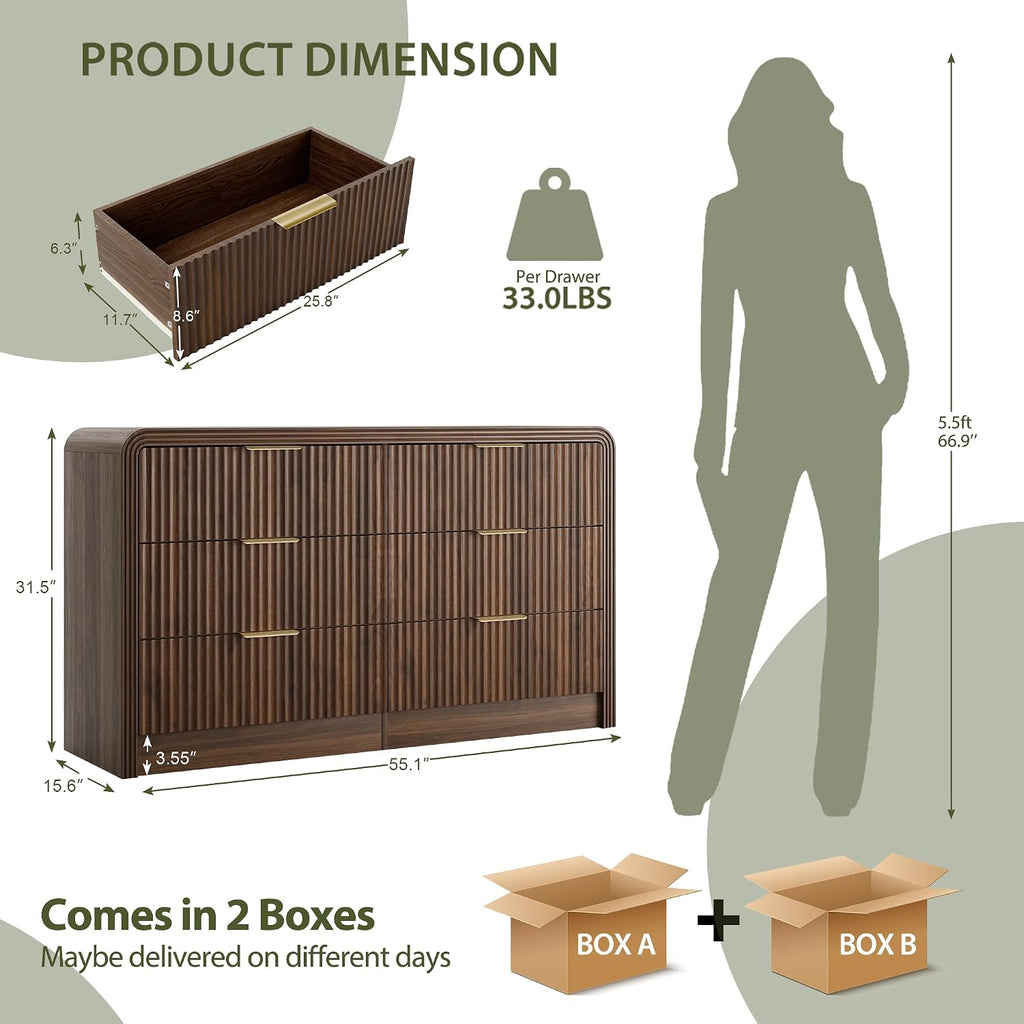 Fluted Drawers Dresser , Wood Dressers with Gold Handles, Modern Dressers with Wave Texture, Large Storage Chest of