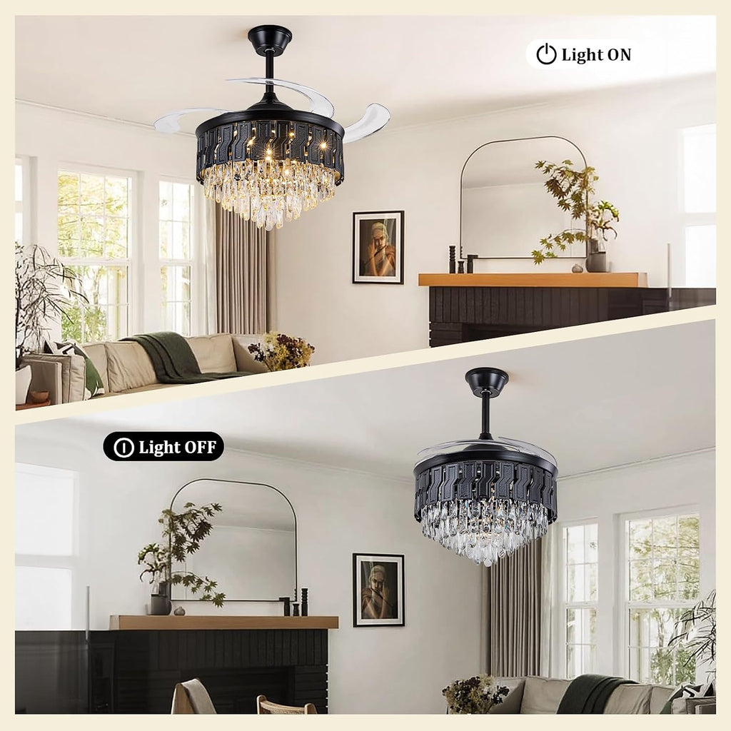 42" Black Crystal Ceiling Fan Chandelier, Retractable Fandelier