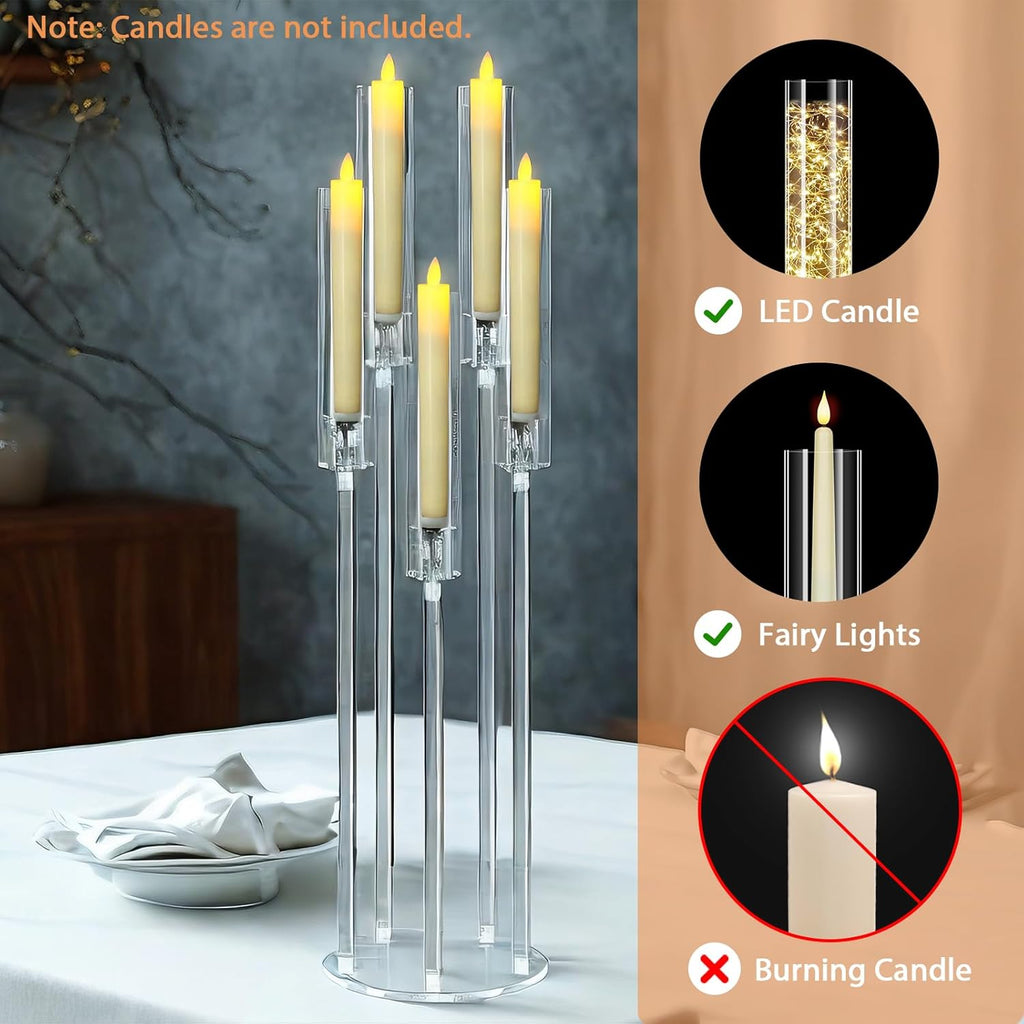 4Pcs 5 Arms Acrylic Candelabra Centerpieces for Tables Decortion,Clear Candle Holder,35 inches Tall Candlesticks