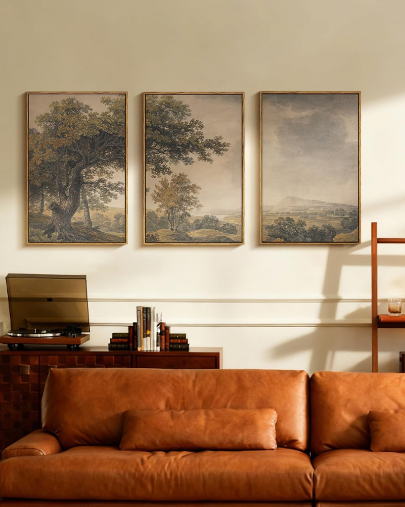 Vintage Nature Landscape Framed Canvas Wall Art Set of 3, Beige Brown 16x24 Triptych Tree Mountains Sky Scenery