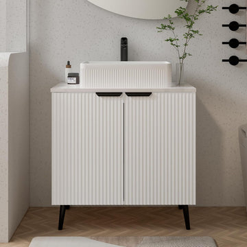 30" Bathroom Vanity, White Fluted Bathroom Vanity with Ceramic Sink and Countertop