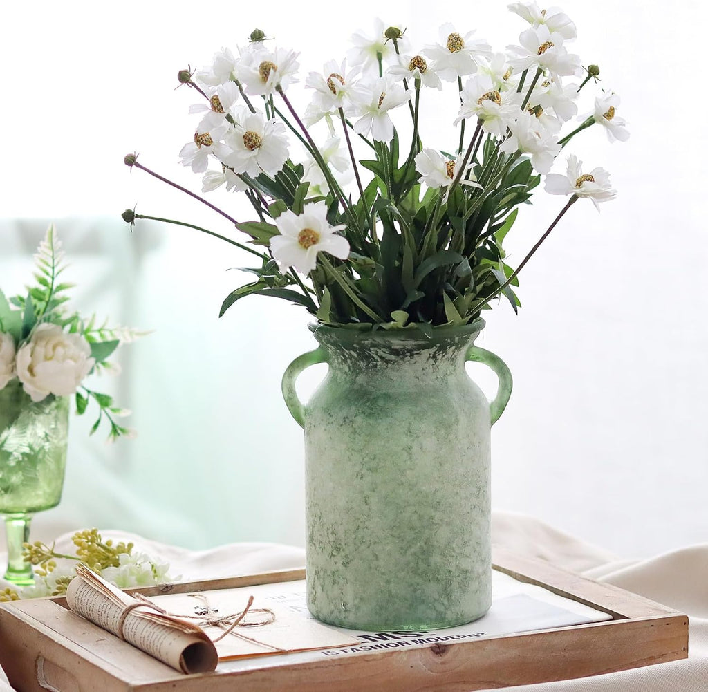Glass Flower Vase with Handle - 8 Inches Rustic Imitation Ceramic Vase