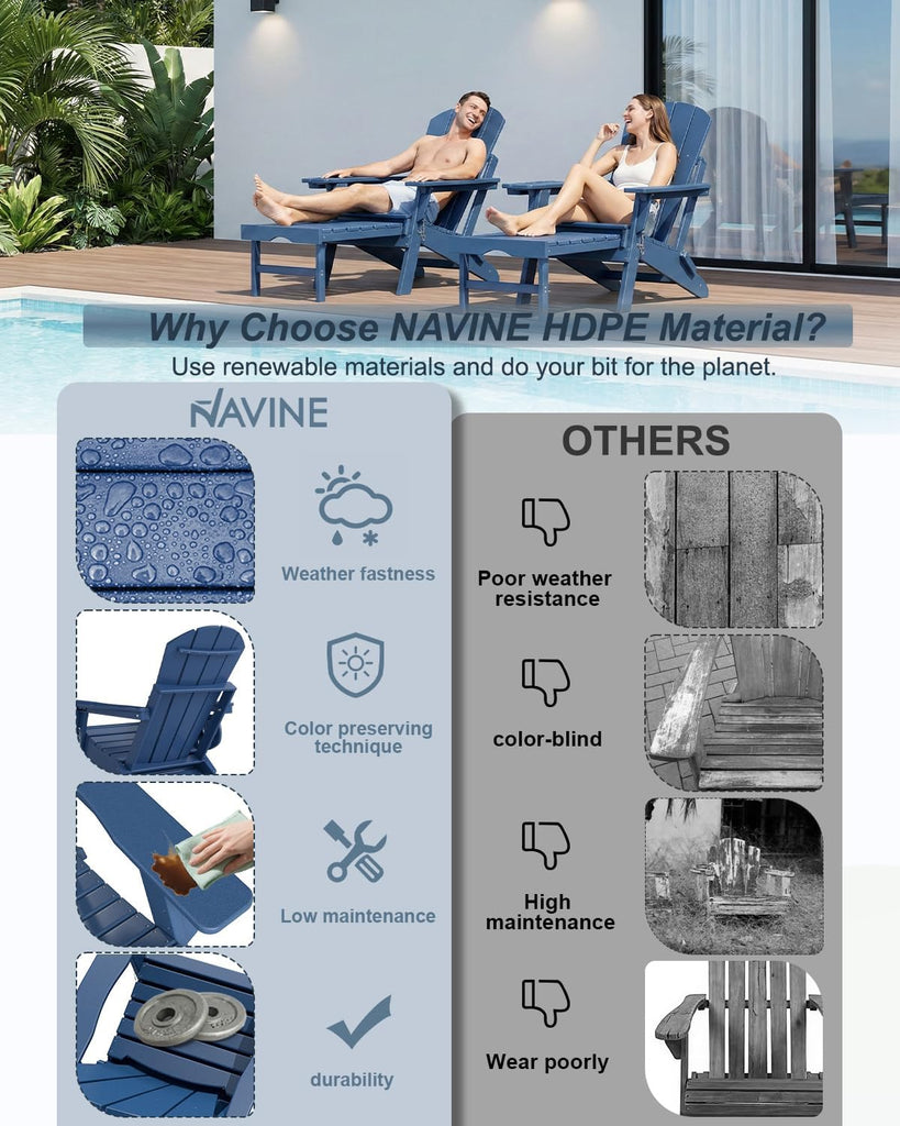Adjustable Adirondack Chair Set of 2 with Retractable Ottoman | Folding HDPE Chair with Multifunctional Cup Holder