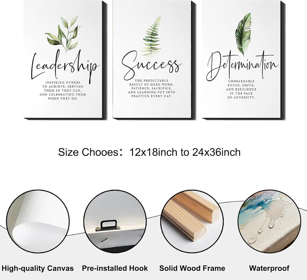 Set of 3 Framed Canvas Art - Motivational Office Wall Decor, Leadership/Success Quotes with Leaves, Inspirational