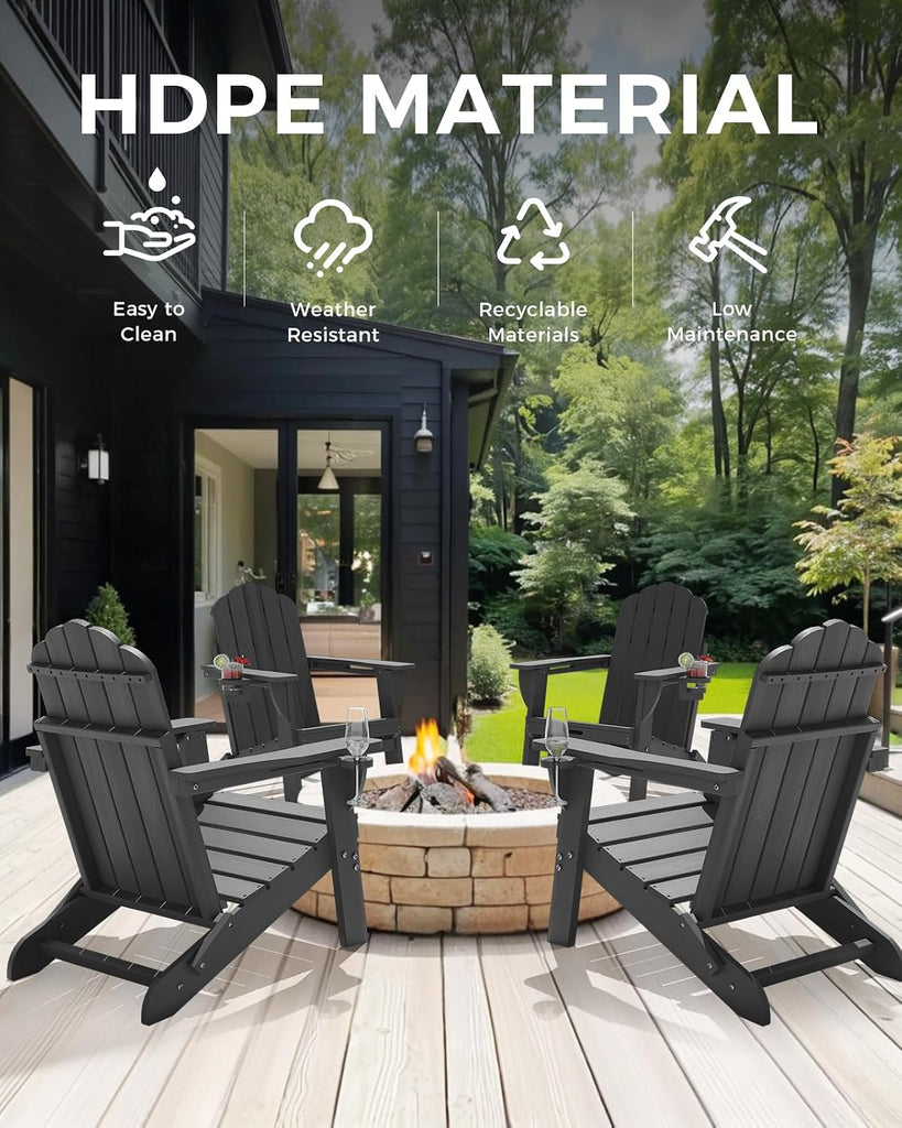 Folding Adirondack Chair, All-Weather HDPE Plastic Patio Chair with 2 Cup Holders, Wooden Textured Lawn Chair