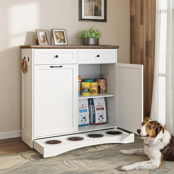 Double Tilt Out Trash Can Cabinet with Dog Bowl, 10 Gallons Dog Food Storage Cabinet, Hidden Trash Can Cabinet