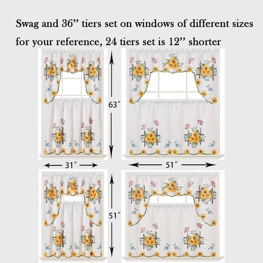 3pcs Farmhouse Kitchen Cafe Curtain Set Air Brushed by Hand of Sunflower and Butterfly Design on Thick Satin Fabric