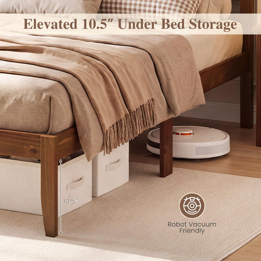 Full Size Wooden Bed Frame with Slatted Headboard, Walnut