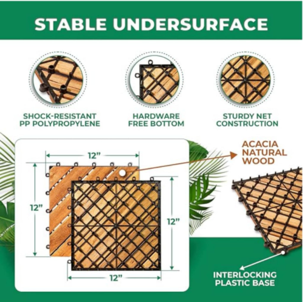 Acacia Wood Deck Tiles, 10 Pack, Interlocking Design