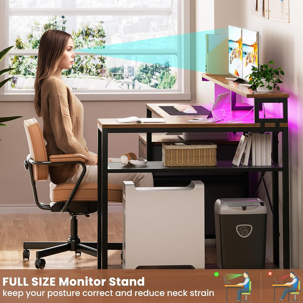 L Shaped Desk with File Drawer, Reversible L Shaped Computer Desk Gaming Desk with Power Outlet & LED Strip
