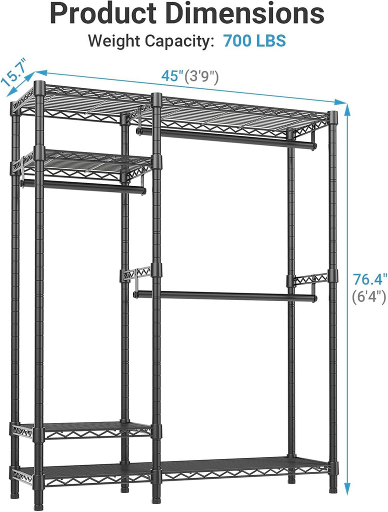 V2 Heavy Duty Clothes Rack, Portable Metal Closet System, Black | Freestanding Wardrobe with 4 Tiers Adjustable Wire