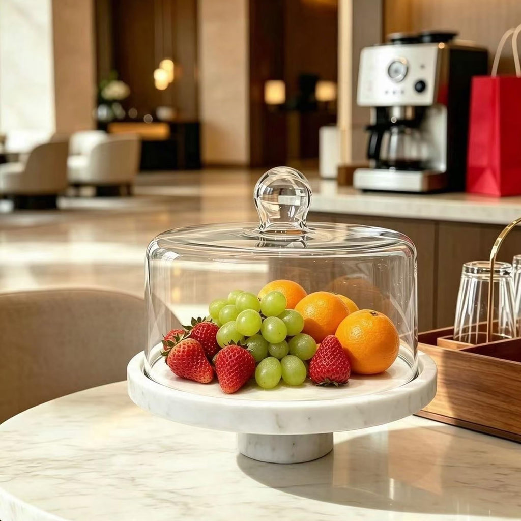 Marble Cake Stand with Glass Dome, Holds 9.84" Cake, with Lid