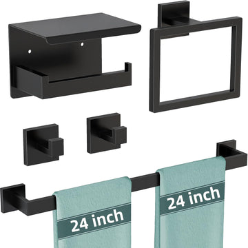 5-Pieces Matte Black Bathroom Hardware Accessories Set, 24 Inch Stainless Steel Towel Racks , Towel Bar Set Towel